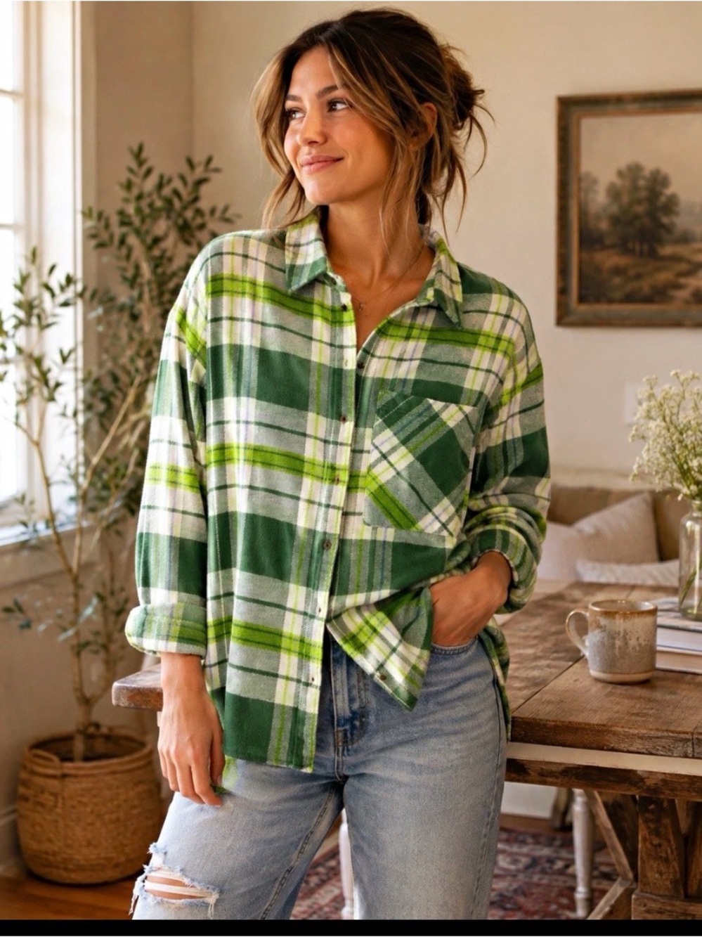 aerie Green and White Plaid Flannel Button-Down Shirt Size XL